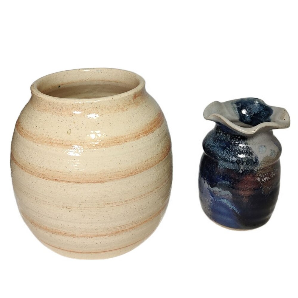 Buie Pottery Vase & Round Vase Signed Rex, Handmade with Glazed Finish, Lot of 2